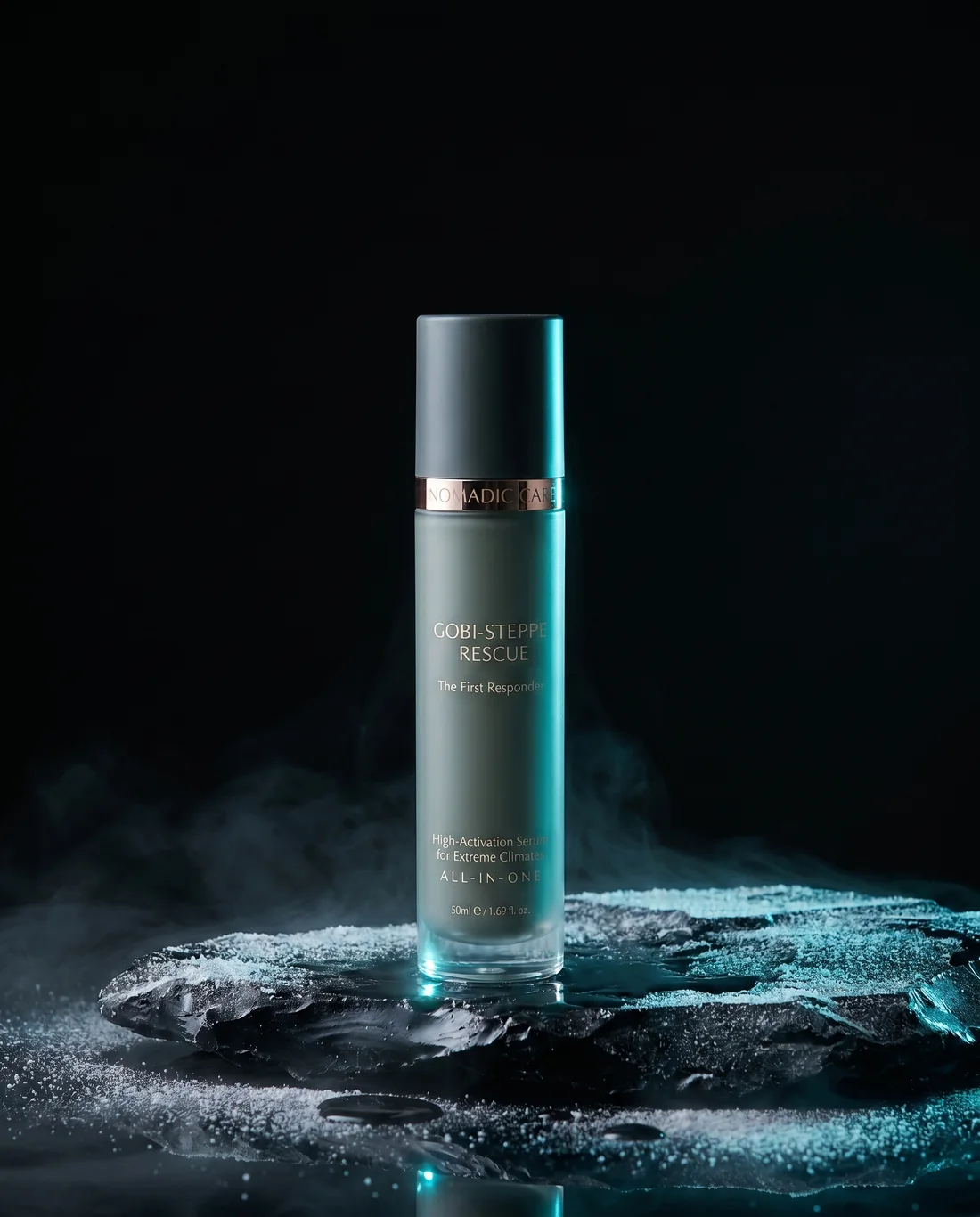 The Gobi-Steppe Rescue serum bottle on frost-dusted black obsidian rock under cold glacial light